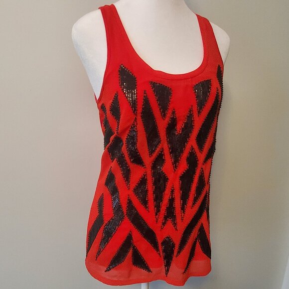 BOGO 50% EXPRESS Y2K Women's XS Red Tank Top Black Beaded Abstract Geo Design - Picture 1 of 6